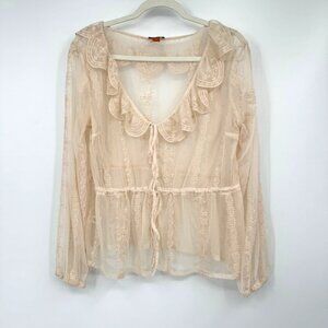 Scully Leather Honey Creek Ivory Embroidered Mesh Tie Front Blouse Woman’s size